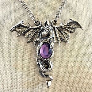 Silver Tone Dragon Necklace w/ Purple Faceted Stone
